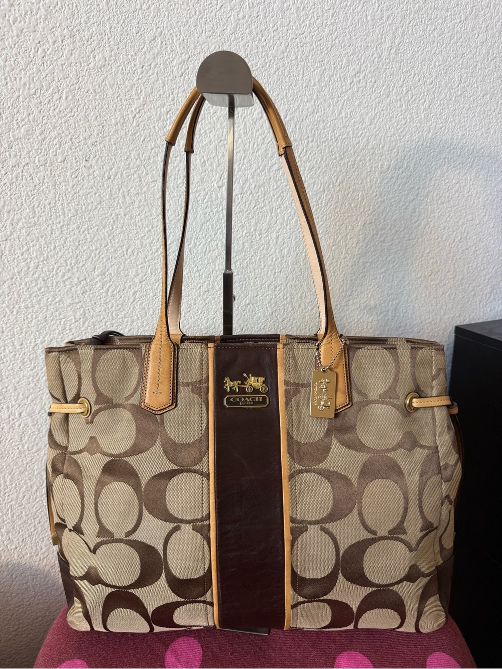 Coach Signature Stripe Zip Top Tote Bag 18967 Khaki Brown Canvas Leather 2011